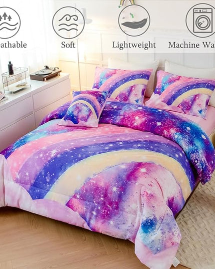 6 Pcs Tie Dye Pink Twin Comforter Set for Girls, 3D Rainbow Galaxy Gradient Themed Bed in A Bag, Pastle Nebula Kids Bedding Set with Sheets, Comforter and Pillowcases for All Season - LeafyLoom