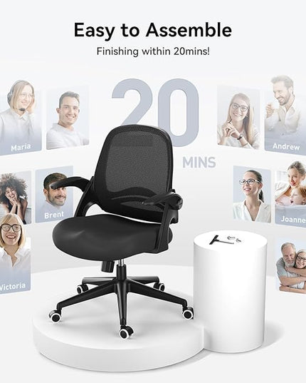 Hbada Office Chair, Desk Chair with Flip-Up Armrests and Saddle Cushion, Ergonomic Office Chair with S-Shaped Backrest, Swivel, Mesh, for Home and Office, Black - LeafyLoom