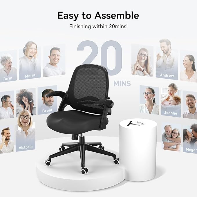 Hbada Office Chair, Desk Chair with Flip-Up Armrests and Saddle Cushion, Ergonomic Office Chair with S-Shaped Backrest, Swivel, Mesh, for Home and Office, Black - LeafyLoom