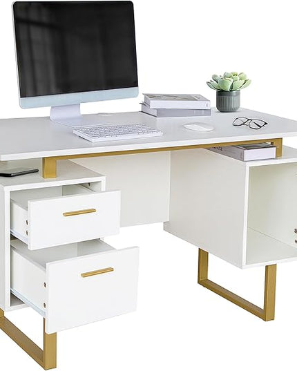 Techni Mobili Storage Drawers and Cabinet 51.25” W-Modern Office Large Floating Desktop Surface Desk, 23.6" D x 51.2" W x 29.8" H, White/Gold - LeafyLoom