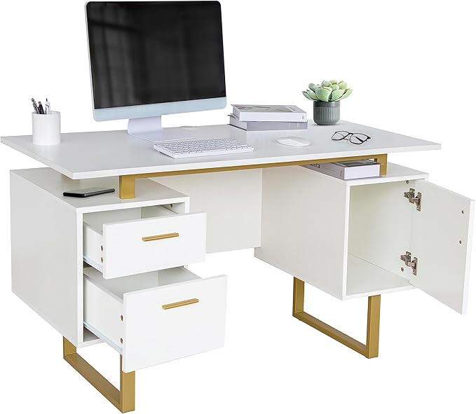 Techni Mobili Storage Drawers and Cabinet 51.25” W-Modern Office Large Floating Desktop Surface Desk, 23.6" D x 51.2" W x 29.8" H, White/Gold - LeafyLoom