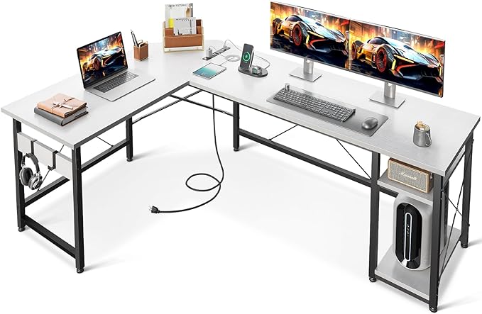 Coleshome L Shaped Computer Desk 66" with Power Outlet & Storage Shelves, Corner Sturdy Writing Desk Workstation, Modern Wooden Office Gaming Desk, Wood & Metal, White - LeafyLoom
