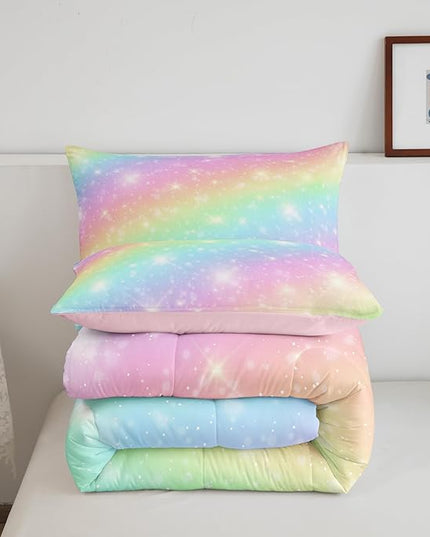 Erosebridal Rainbow Bedding Set for Kids Girls Teens Women Tie Dye Pastel Comforter Set Full Size Golden Stars Glitter Bedding Comforter Set Watercolor Art Girly Quilt Set Sweet Bedroom Decor 3 Piece - LeafyLoom
