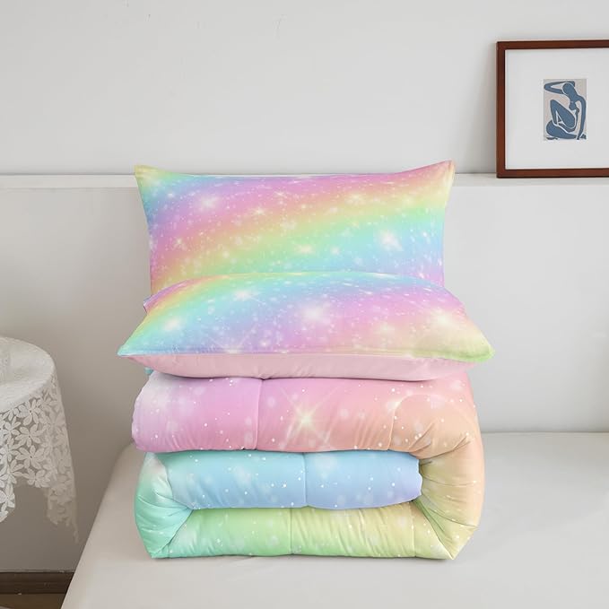 Erosebridal Rainbow Bedding Set for Kids Girls Teens Women Tie Dye Pastel Comforter Set Full Size Golden Stars Glitter Bedding Comforter Set Watercolor Art Girly Quilt Set Sweet Bedroom Decor 3 Piece - LeafyLoom