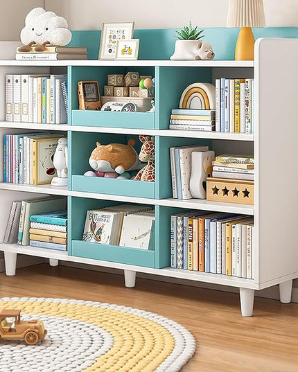 Wooden Cube Bookcase with Legs - 3-Tier Open Shelf Kidsroom Sorted Storage Cabinet Organizer for Books and Toys, 9-Cube Lattice Cute Cubby Bookshelf in White Mixed Westlake Blue, 47" W - LeafyLoom