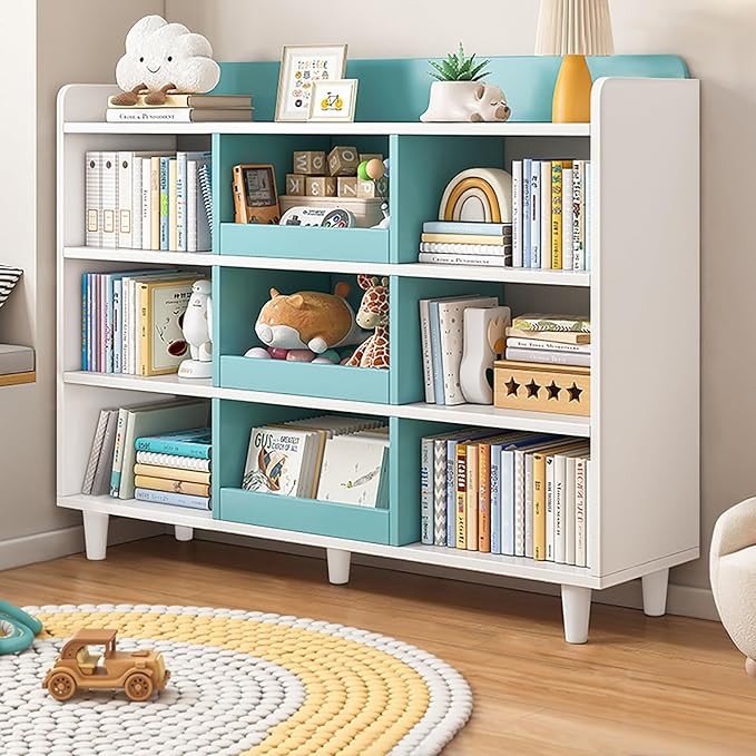 Wooden Cube Bookcase with Legs - 3-Tier Open Shelf Kidsroom Sorted Storage Cabinet Organizer for Books and Toys, 9-Cube Lattice Cute Cubby Bookshelf in White Mixed Westlake Blue, 47" W - LeafyLoom
