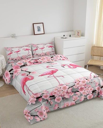 Erosebridal Flamingo Bedding Set Twin,Cherry Blossoms Comforter Set for Girls Teens Women,Pink Tropical Bird Animal Comforter Flower Rustic Wooden Board Quilt Duvet Sets with 1 Pillow Case - LeafyLoom