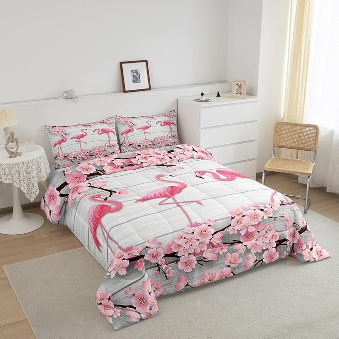 Erosebridal Flamingo Bedding Set Twin,Cherry Blossoms Comforter Set for Girls Teens Women,Pink Tropical Bird Animal Comforter Flower Rustic Wooden Board Quilt Duvet Sets with 1 Pillow Case - LeafyLoom
