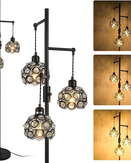 Dimmable Crystal Floor Lamp, Industrial Farmhouse Lamps for Living Room, 3-Light Black Standing Lamp Bedroom, Modern with 3 Lampshades, Rustic Tall Tree 64inch, E26 - LeafyLoom
