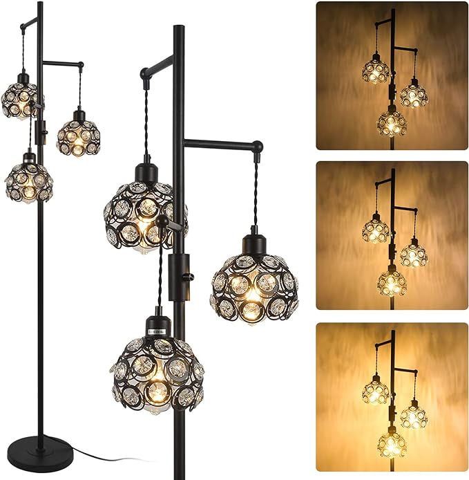 Dimmable Crystal Floor Lamp, Industrial Farmhouse Lamps for Living Room, 3-Light Black Standing Lamp Bedroom, Modern with 3 Lampshades, Rustic Tall Tree 64inch, E26 - LeafyLoom