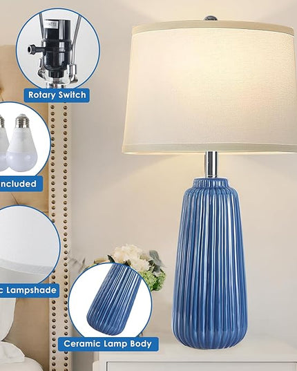 25inch Modern Ceramic Table Lamps Set of 2,Blue Tall Nightstand Lamp 3-Way Dimmable Farmhouse End Table Lamps for Living Room Bedroom,Bulbs Included - LeafyLoom