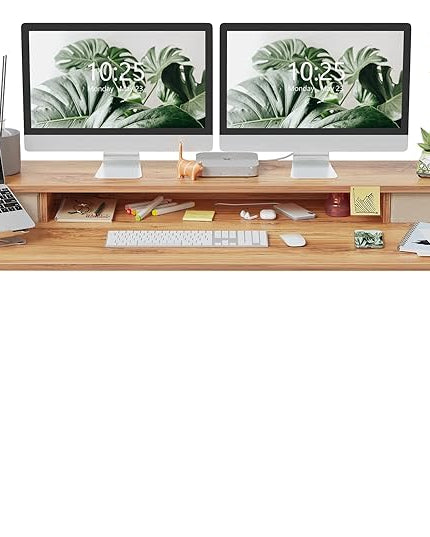 FEZIBO 60 x 24 Inch Height Adjustable Electric Standing Desk with Double Drawer, Stand Up Desk with Storage Shelf, Sit Stand Desk, Light Rustic - LeafyLoom