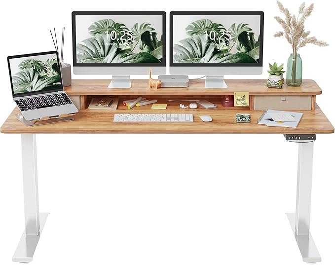 FEZIBO 60 x 24 Inch Height Adjustable Electric Standing Desk with Double Drawer, Stand Up Desk with Storage Shelf, Sit Stand Desk, Light Rustic - LeafyLoom
