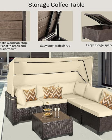6 PCS Outdoor Patio Furniture Set,Sectional Sofa Set,Rattan Daybed with Retractable Canopy,Adjustable Backrest,Storage Coffee Table,Chaise Chair Sunbed for Porch Garden Poolside Backyard(Beige) - LeafyLoom