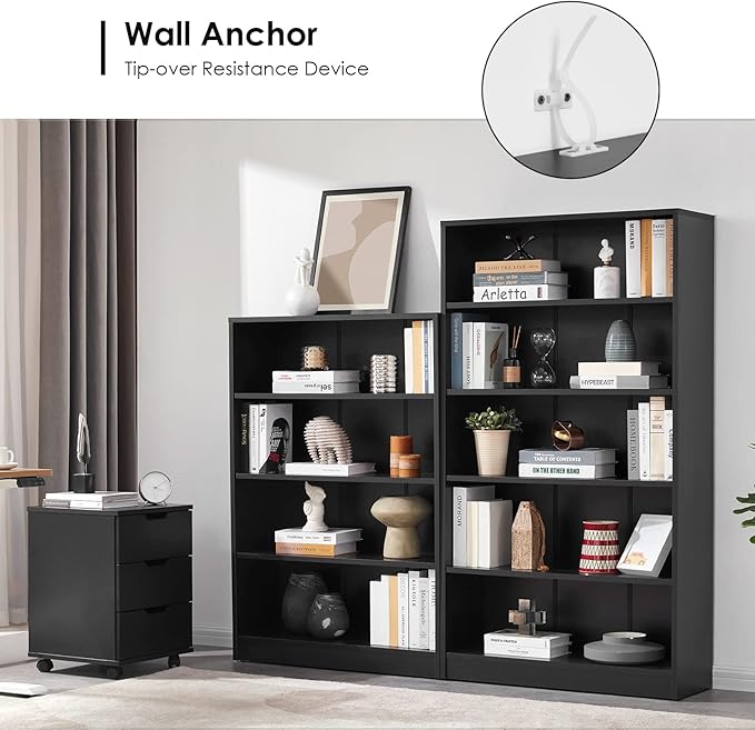 Farini Black Bookshelf for Bedroom 5 Shelf Office Bookcase 60 Inches Tall Modern Wood Bookshelf for Living Room 5 Tier Wide Manga Bookshelf Library Bookcase - LeafyLoom
