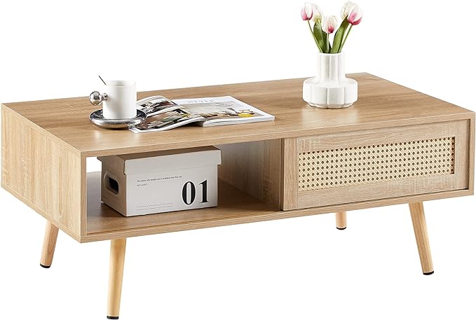 41.34" Morden Rattan Coffee table with Sliding Door for Storage, Modern Rectangular Solid Wood Coffee Table for Living Room - LeafyLoom