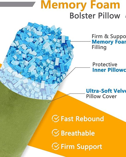 Body Pillow, Memory Foam Round Body Pillows for Adults, Firm Long Bolster Pillow for Bed, Cylinder Tube Roll Pillow with Velvet Cover, 47x7.87 Inches, Green - LeafyLoom