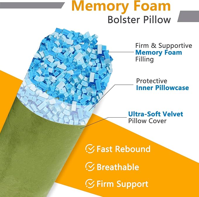 Body Pillow, Memory Foam Round Body Pillows for Adults, Firm Long Bolster Pillow for Bed, Cylinder Tube Roll Pillow with Velvet Cover, 47x7.87 Inches, Green - LeafyLoom