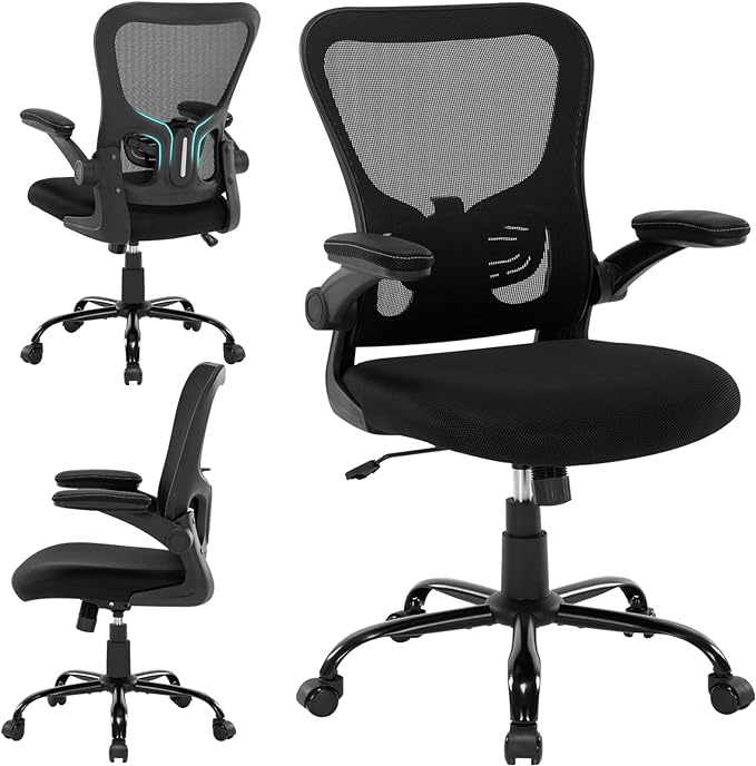 Office Chair Ergonomic Desk Chair, Mesh Computer Home Office Desk Chairs with Adjustable Lumbar Support and Flip-up Armrests, Swivel Comfy Task Executive Chair, Black - LeafyLoom