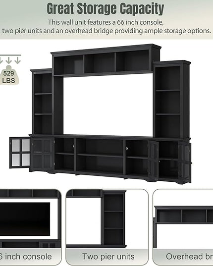 103Inch Entertainment Wall Unit with Bridge, Stand Media Console Table for TVs Up to 75" with Adjustable Shelves, Ample Storage Space for Living Room, Black - LeafyLoom