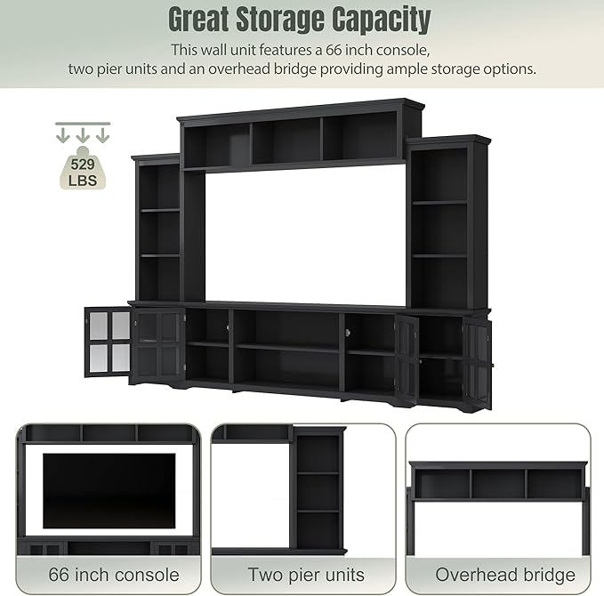 103Inch Entertainment Wall Unit with Bridge, Stand Media Console Table for TVs Up to 75" with Adjustable Shelves, Ample Storage Space for Living Room, Black - LeafyLoom