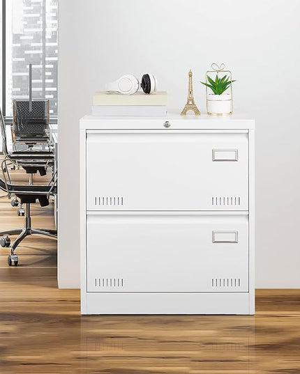 2 Drawer Lateral Lock and Card Holder, Multifunctional Metal Filing Cabinets w/Heavy 3 Section Slide Rail & Breathable Holes,for Legal/Letter/A4,White - LeafyLoom