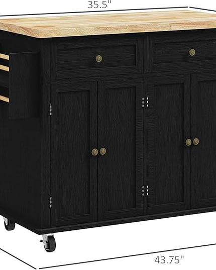 HOMCOM Kitchen Island on Wheels, Rolling Cart with Rubberwood Top, Spice Rack, Towel Rack and Drawers for Dining Room, Distressed Black - LeafyLoom