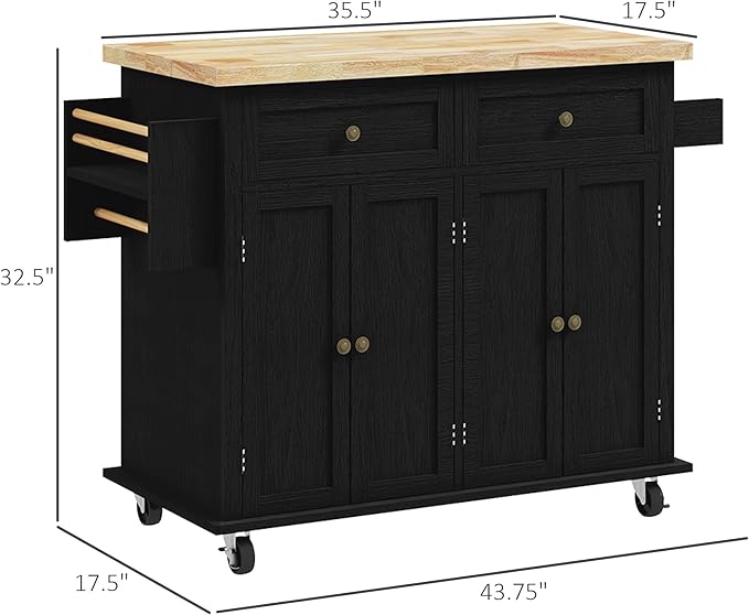 HOMCOM Kitchen Island on Wheels, Rolling Cart with Rubberwood Top, Spice Rack, Towel Rack and Drawers for Dining Room, Distressed Black - LeafyLoom