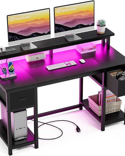 GreenForest Computer Desk with 2 Drawers and Power Outlets,50 Inch Office Desk with 2 Monitor Stands and Fabric File Cabinet, Reversible Gaming table with Led Lights and Shelves, Work Desk, Black - LeafyLoom