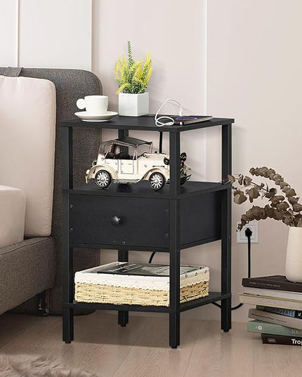 Lerliuo Nightstand with Charging Station and USB Ports, 3-Tier Storage End Table with Drawer Shelf, Night Stand for Small Spaces, Wood Bed Side Table for Living Room, Bedroom - Classic Black - LeafyLoom