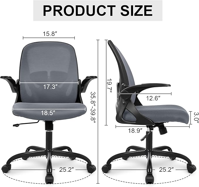 Primy Office Chair Ergonomic Desk Chair with Adjustable Lumbar Support and Height, Swivel Breathable Desk Mesh Computer Chair with Flip up Armrests for Conference Room（Dark Gray） - LeafyLoom