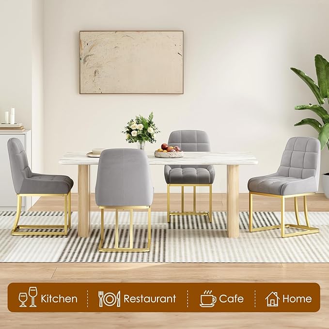 STARY Upholstered Velvet Armless Dining Room Chairs with Gold Metal Legs for Kitchen Restaurant, Gray- Set of 2 - LeafyLoom