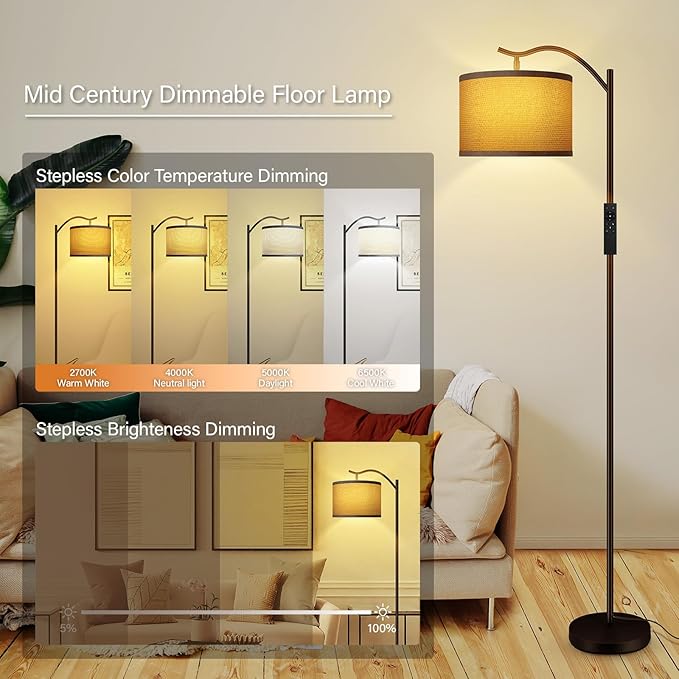 BoostArea Floor Lamp for Living Room,Arc Floor Lamp with Remote Control,Stepless Dimmable Brightness & Colors Temperature 2700k-6500k,Modern Standing Lamp for Bedroom Study Room Office,Grey - LeafyLoom