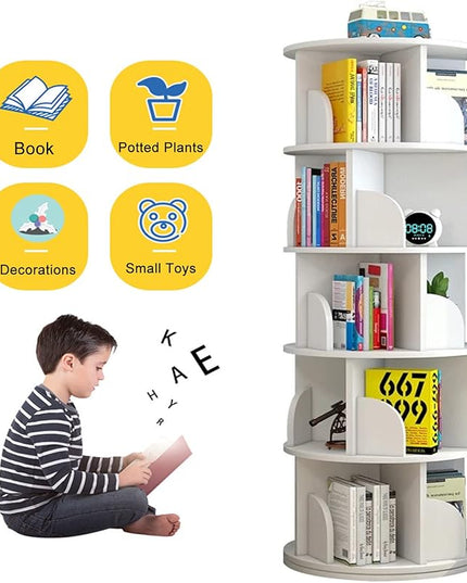5 Tier Rotating Bookshelf 360° Revolving Bookcase Modern Tall Book Shelf Storage Display Rack Floor Standing Shelves with Baffle for Home Living Room Study Office White 63''X18''X18'' - LeafyLoom