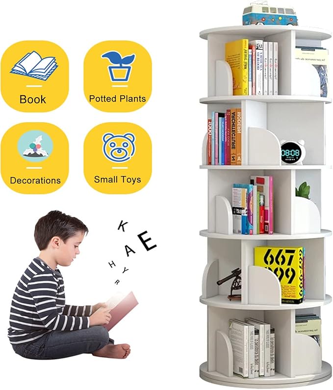 5 Tier Rotating Bookshelf 360° Revolving Bookcase Modern Tall Book Shelf Storage Display Rack Floor Standing Shelves with Baffle for Home Living Room Study Office White 63''X18''X18'' - LeafyLoom