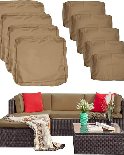 ClawsCover 9Pack Outdoor Seat and Back Cushions Replacement Covers Fit for 5 Pieces 4-Seater Wicker Rattan Patio Conversation Set Sectional Couch Furniture,Taupe-Include Covers Only (Large) - LeafyLoom