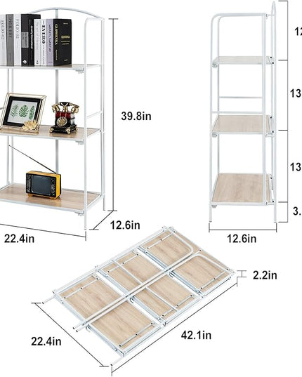 No Assembly Folding Bookshelf, 3 Tier White Bookshelf, Metal Book Shelf for Storage, Folding Bookcase for Office Organization and Storage, 12.6" D x 22.44" W x 42.13" H - LeafyLoom