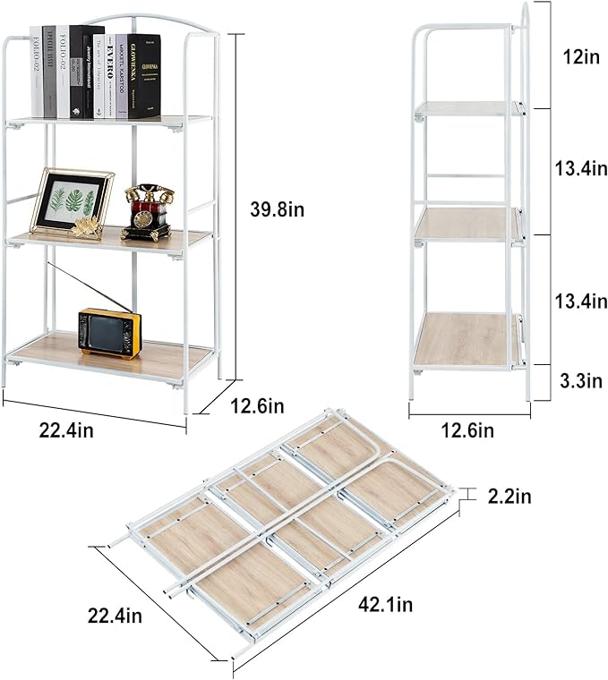 No Assembly Folding Bookshelf, 3 Tier White Bookshelf, Metal Book Shelf for Storage, Folding Bookcase for Office Organization and Storage, 12.6" D x 22.44" W x 42.13" H - LeafyLoom