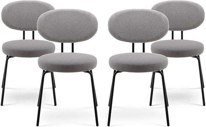 COLAMY Modern Fabric Dining Chairs Set of 4, Mid Centry Upholstered Dining Room Kitchen Chairs with Curved Backrest, Round Seat, Black Metal Legs, Grey - LeafyLoom