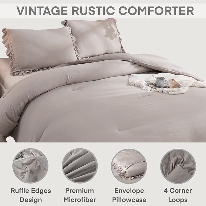Andency Wheat Ruffle Comforter Full(79x90Inch), 3 Pieces(1 Ruffled Comforter and 2 Pillowcases) Vintage Ruffle Fringe Comforter, Farmhouse Rustic Microfiber Down Alternative Bedding Comforter Set - LeafyLoom