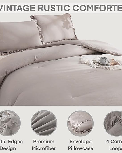 Andency Wheat Ruffled Comforter King(104x90Inch), 3 Pieces(1 Ruffle Comforter and 2 Pillowcases) Vintage Ruffle Fringe Comforter, Farmhouse Rustic Microfiber Down Alternative Bedding Comforter Set - LeafyLoom