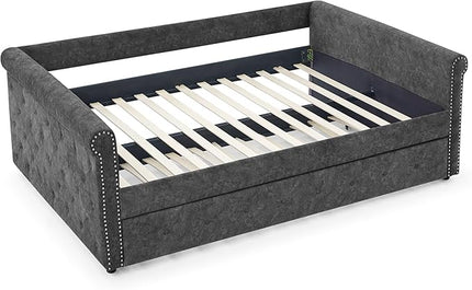 Full Size Upholstered Daybed with Twin Trundle, Solid Wooden Bed Frame w/Button Tufted and Copper Nail on Square Arms, No Spring Box Need, for Kids, Bedroom, Dorm, Grey-4 - LeafyLoom