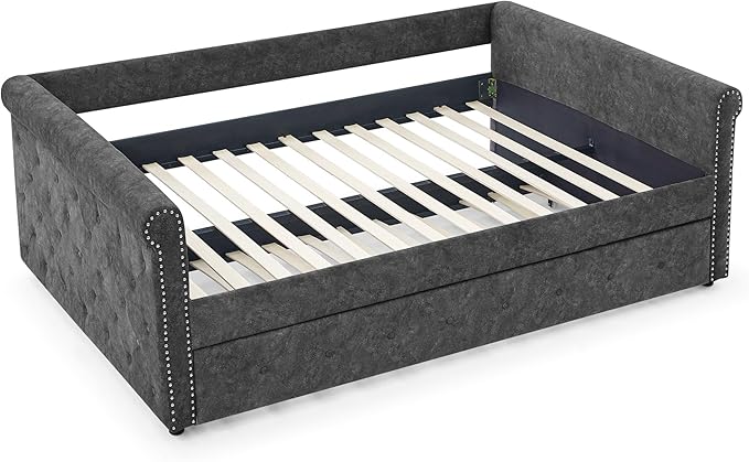 Full Size Upholstered Daybed with Twin Trundle, Solid Wooden Bed Frame w/Button Tufted and Copper Nail on Square Arms, No Spring Box Need, for Kids, Bedroom, Dorm, Grey-4 - LeafyLoom