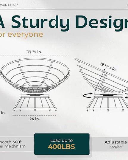 Bme 40" Ergonomic Wicker Papasan Chair with Soft Thick Density Fabric Cushion, High Capacity Steel Frame, 360 Degree Swivel for Living, Bedroom, Reading Room, Lounge - LeafyLoom