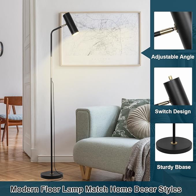 Floor Lamp, Industrial Floor Lamps for Living Rooms & Bedrooms - Rustic Farmhouse Reading Lamp Standing, Adjustable Metal Heads Indoor Task Lighting for Living Room Office Home Décor (Black-D01) - LeafyLoom