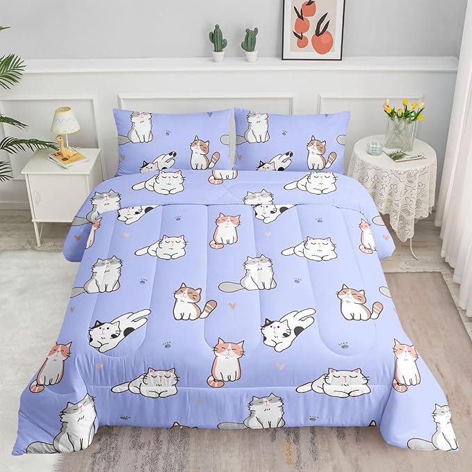 Datura home Purple Kawaii Cat Comforter Bedding Set for Girls Kitten Purple Print Cute Animal Pattern Bedding Set with 1 Comforter and 2 Pillowcases for Girls Bedroom All Season(Cat Purple Full) - LeafyLoom
