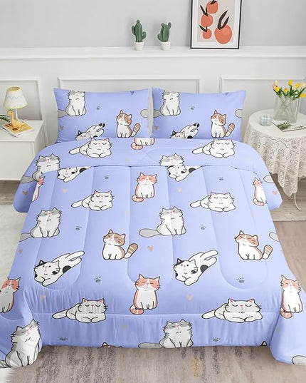 Datura home Purple Kawaii Cat Comforter Bedding Set for Girls Kitten Purple Print Cute Animal Pattern Bedding Set with 1 Comforter and 2 Pillowcases for Girls Bedroom All Season(Cat Purple Queen) - LeafyLoom