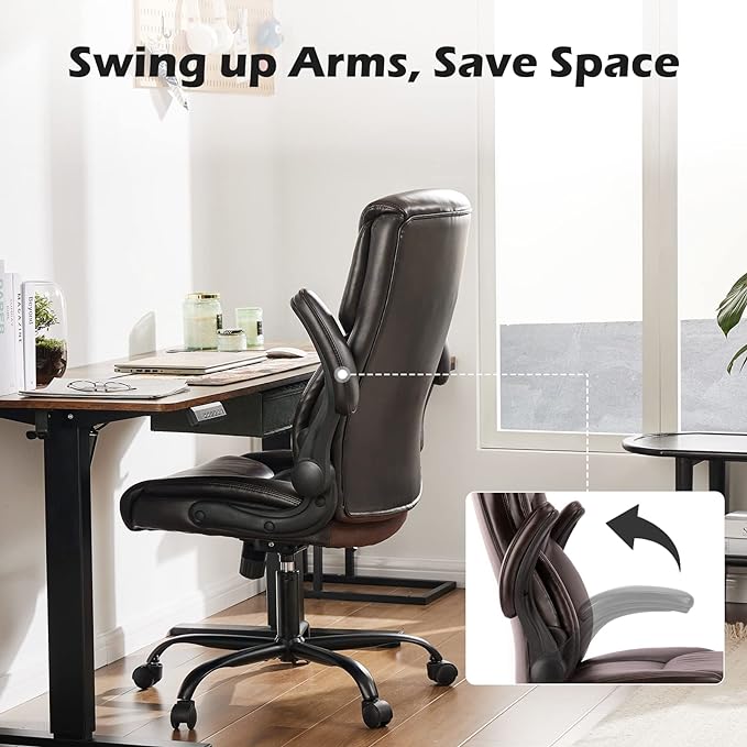 JHK Leather Office Chair with Flip Up Arms, Executive High Back Big and Tall Desk Chairs with Ergonomic Lumbar Support, Adjustable Height,Wheels, Soft Padded, Brown - LeafyLoom