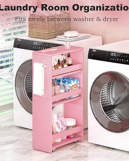 MARTY Rolling Storage Cart 7.9" W, Pink 4-Tier Wood Slim Kitchen Cart on Wheels, Laundry Room Organization with Handle Mobile Bookshelf Utility Cart Trolley for Kitchen Bathroom - LeafyLoom