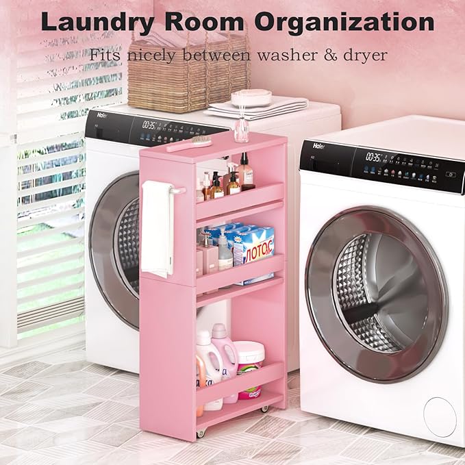 MARTY Rolling Storage Cart 7.9" W, Pink 4-Tier Wood Slim Kitchen Cart on Wheels, Laundry Room Organization with Handle Mobile Bookshelf Utility Cart Trolley for Kitchen Bathroom - LeafyLoom